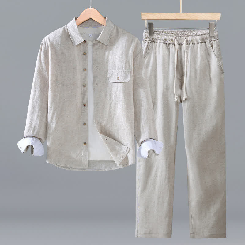 Buddha Stones Lässiges, minimalistisches Langarmhemd mit Knopfleiste für Frühling und Herbst, Hose mit Kordelzug, einfarbiges Herren-Meditationstuch mit Tasche - Beige - US/UK/AU42, EU52 (3XL) - image 1
