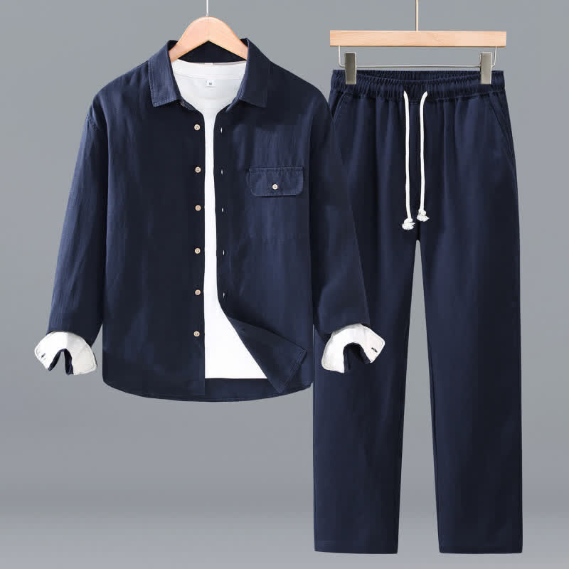 Buddha Stones Lässiges, minimalistisches Langarmhemd mit Knopfleiste für Frühling und Herbst, Hose mit Kordelzug, einfarbiges Herren-Meditationstuch mit Tasche - Marine - US/UK/AU42, EU52 (3XL) - image 0
