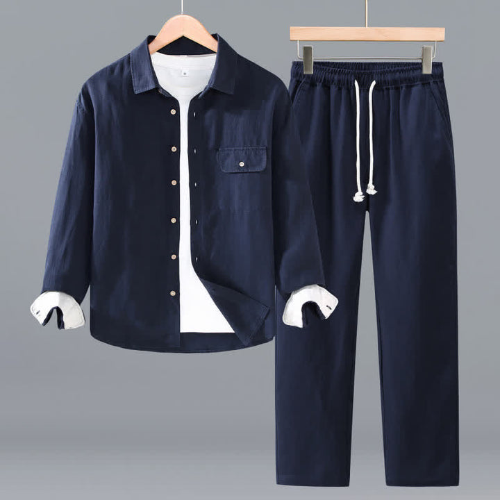 Buddha Stones Lässiges, minimalistisches Langarmhemd mit Knopfleiste für Frühling und Herbst, Hose mit Kordelzug, einfarbiges Herren-Meditationstuch mit Tasche - Marine - US/UK/AU42, EU52 (3XL) - image 0
