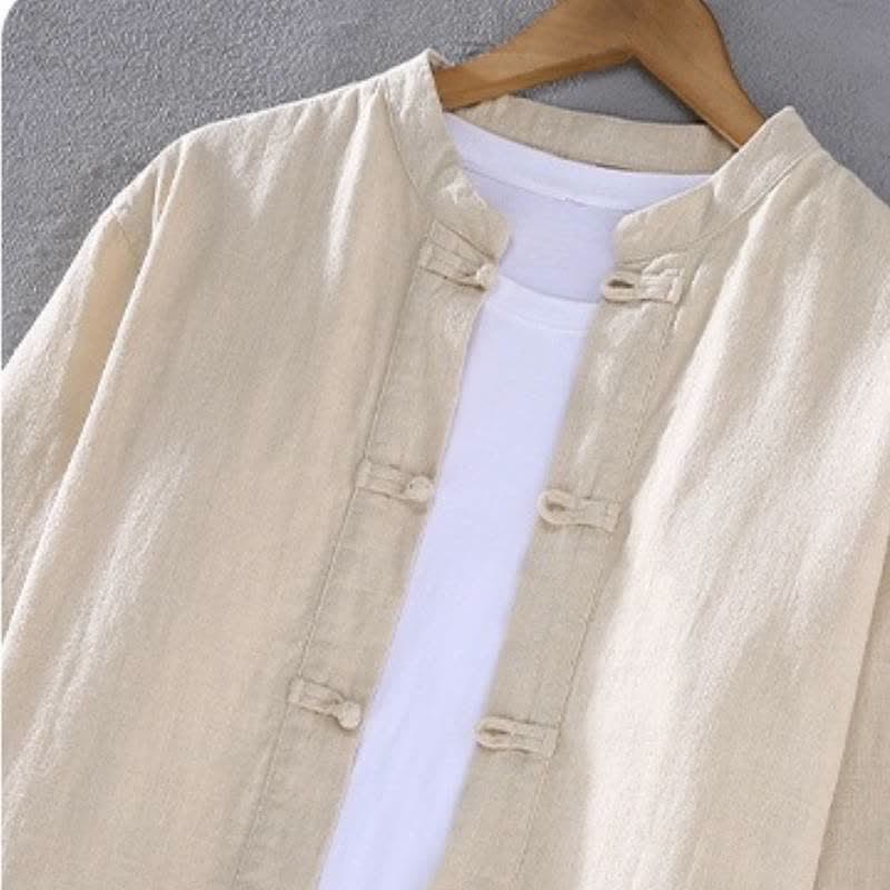 Buddha Stones Frühling Herbst Tang Style Mandarin Collar Solid Ramie Hemd Hose Herren Meditationstuch mit Taschen - image 1