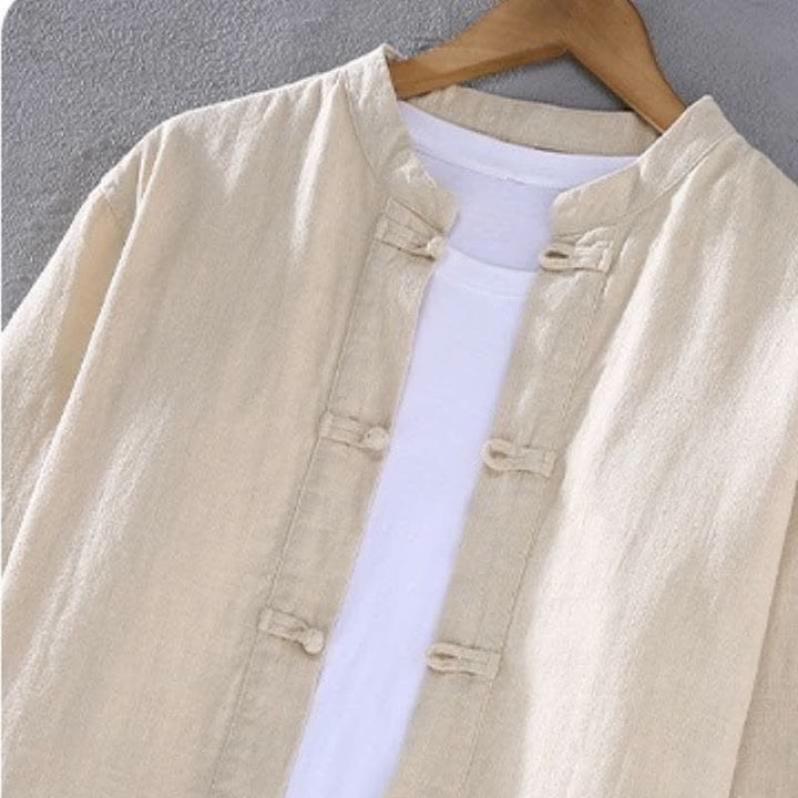 Buddha Stones Frühling Herbst Tang Style Mandarin Collar Solid Ramie Hemd Hose Herren Meditationstuch mit Taschen - image 1