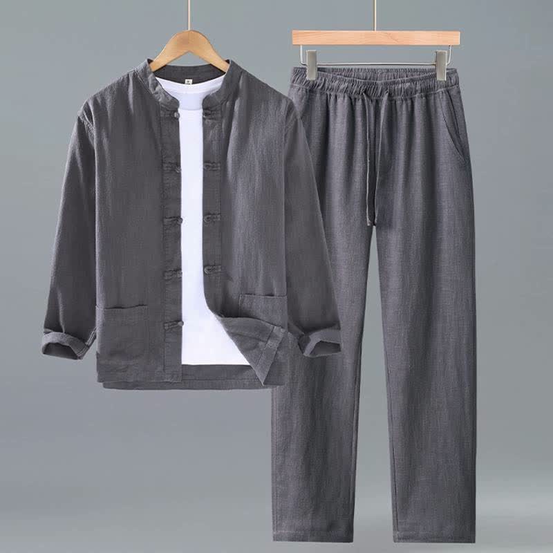 Buddha Stones Frühling Herbst Tang Style Mandarin Collar Solid Ramie Hemd Hose Herren Meditationstuch mit Taschen - DimGray - US/UK/AU42, EU52 (3XL) - image 10
