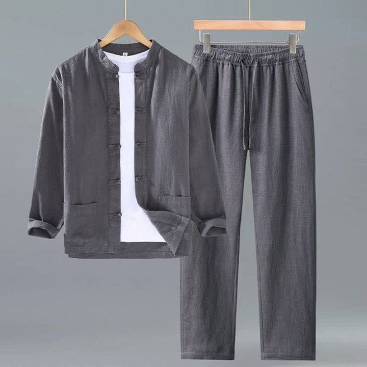 Buddha Stones Frühling Herbst Tang Style Mandarin Collar Solid Ramie Hemd Hose Herren Meditationstuch mit Taschen - DimGray - US/UK/AU42, EU52 (3XL) - image 10