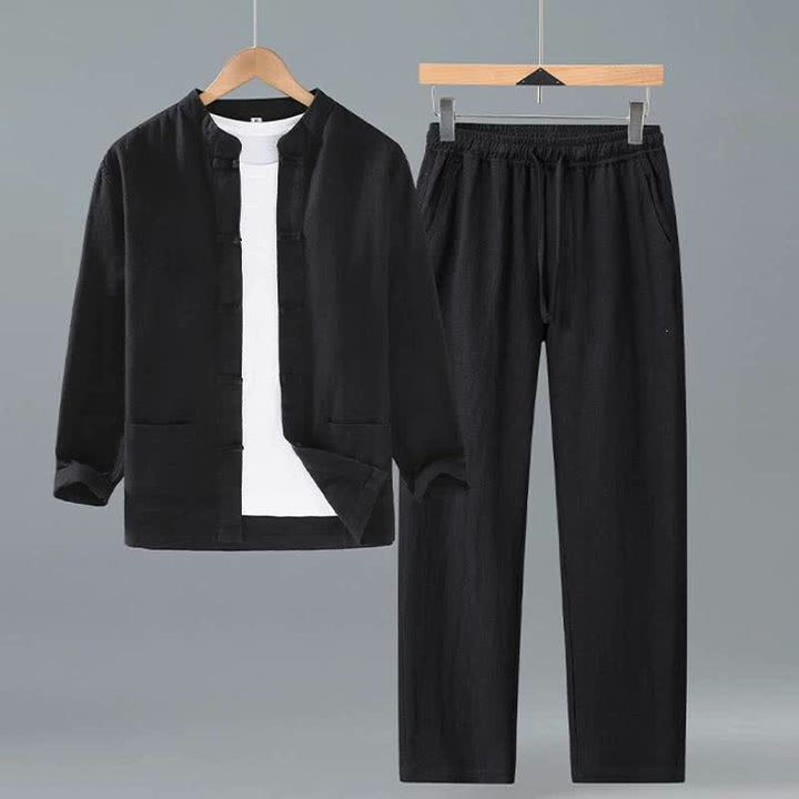 Buddha Stones Frühling Herbst Tang Style Mandarin Collar Solid Ramie Hemd Hose Herren Meditationstuch mit Taschen - Schwarz - US/UK/AU42, EU52 (3XL) - image 9