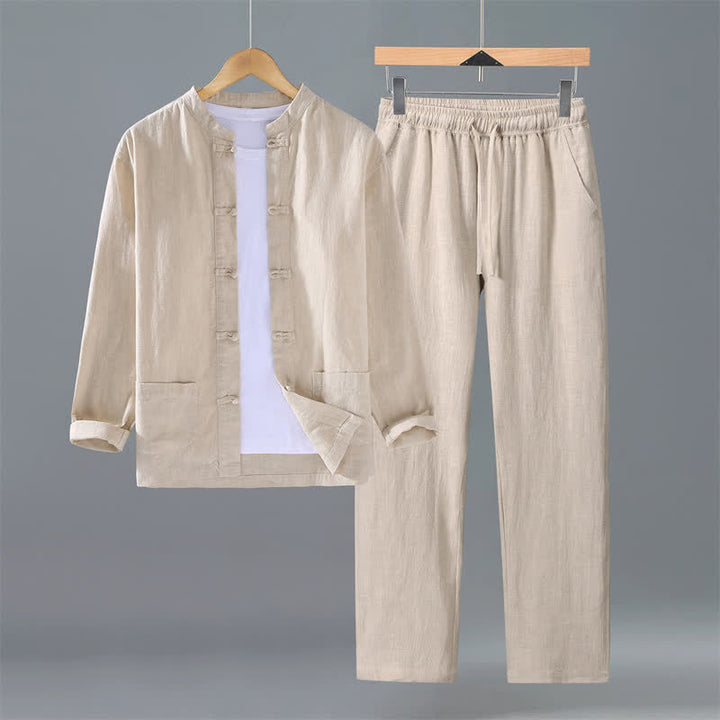 Buddha Stones Frühling Herbst Tang Style Mandarin Collar Solid Ramie Hemd Hose Herren Meditationstuch mit Taschen - Beige - US/UK/AU42, EU52 (3XL) - image 0