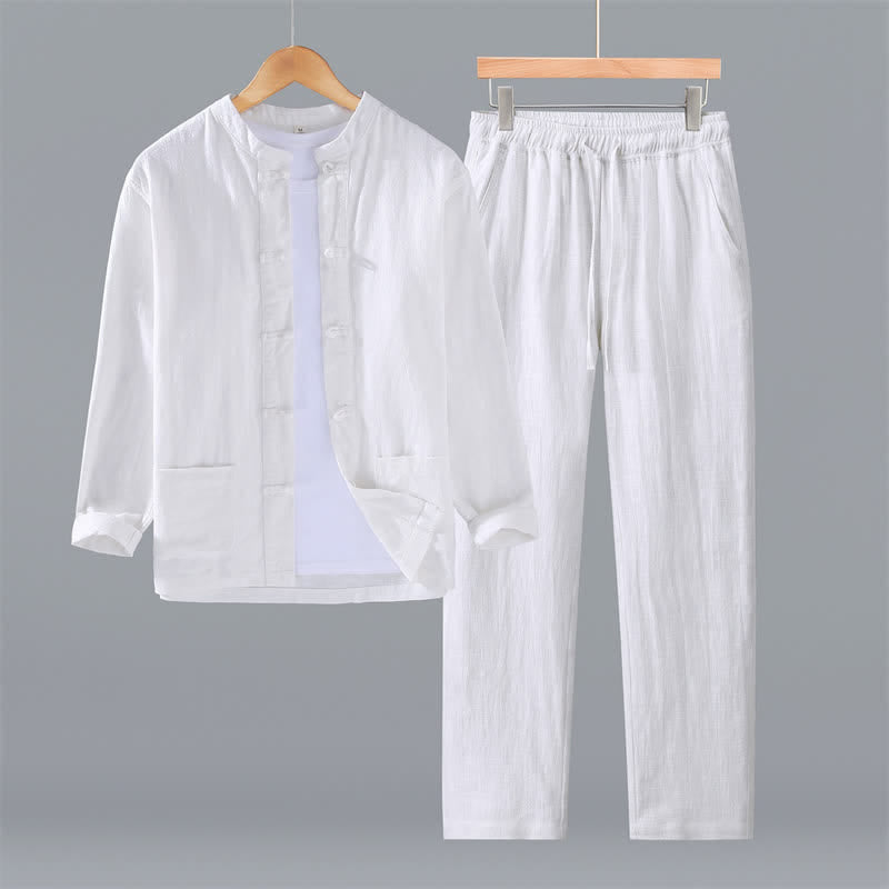 Buddha Stones Frühling Herbst Tang Style Mandarin Collar Solid Ramie Hemd Hose Herren Meditationstuch mit Taschen - Weiß - US/UK/AU42, EU52 (3XL) - image 13