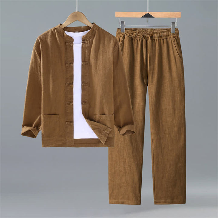 Buddha Stones Frühling Herbst Tang Style Mandarin Collar Solid Ramie Hemd Hose Herren Meditationstuch mit Taschen - Peru - US/UK/AU42, EU52 (3XL) - image 12