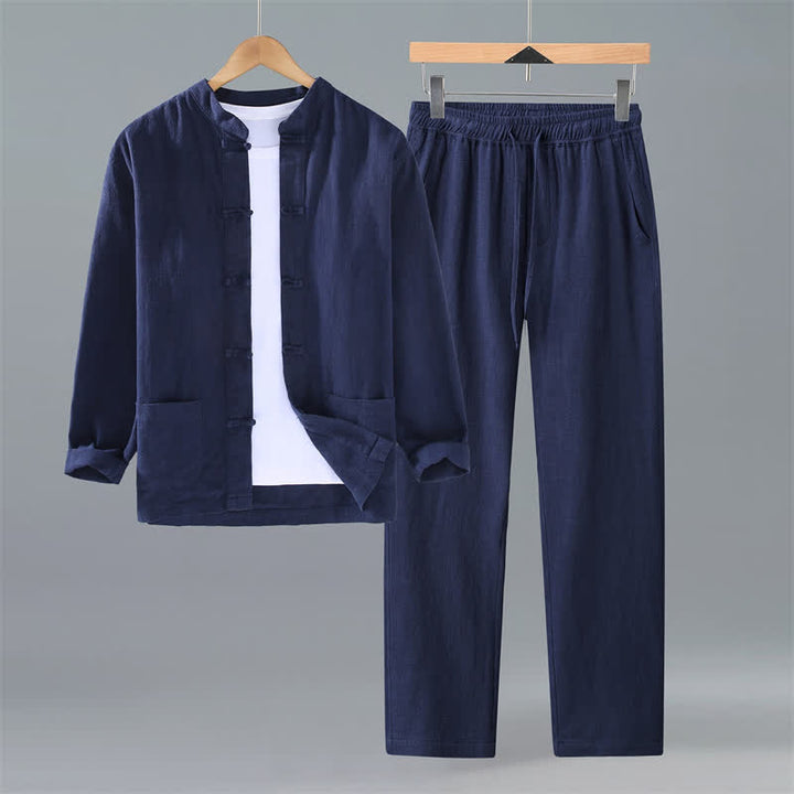 Buddha Stones Frühling Herbst Tang Style Mandarin Collar Solid Ramie Hemd Hose Herren Meditationstuch mit Taschen - Marine - US/UK/AU42, EU52 (3XL) - image 11