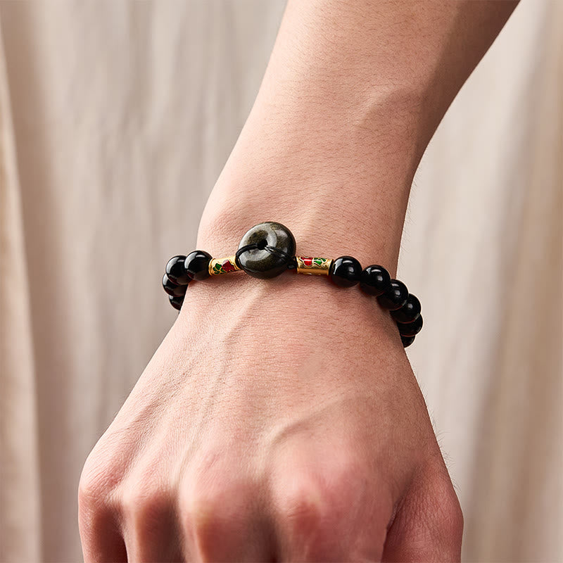 Buddha Stones Friedensschnalle aus goldenem Obsidian, Armband aus schwarzem Obsidian mit Koi-Fisch-Schutzperlen - image 5