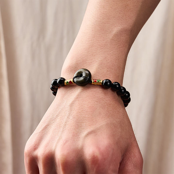Buddha Stones Friedensschnalle aus goldenem Obsidian, Armband aus schwarzem Obsidian mit Koi-Fisch-Schutzperlen - image 5