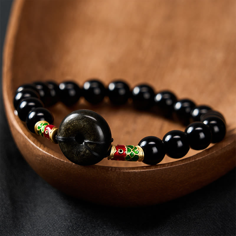 Buddha Stones Friedensschnalle aus goldenem Obsidian, Armband aus schwarzem Obsidian mit Koi-Fisch-Schutzperlen - image 2