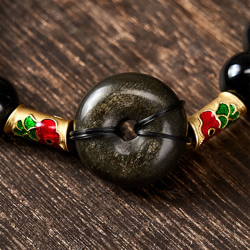 Buddha Stones Friedensschnalle aus goldenem Obsidian, Armband aus schwarzem Obsidian mit Koi-Fisch-Schutzperlen - image 3