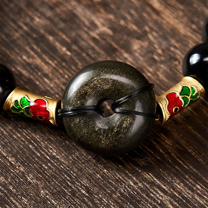 Buddha Stones Friedensschnalle aus goldenem Obsidian, Armband aus schwarzem Obsidian mit Koi-Fisch-Schutzperlen - image 3