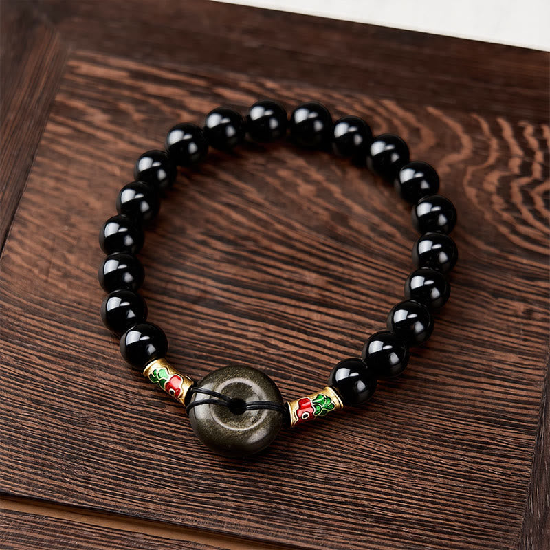 Buddha Stones Friedensschnalle aus goldenem Obsidian, Armband aus schwarzem Obsidian mit Koi-Fisch-Schutzperlen - image 1