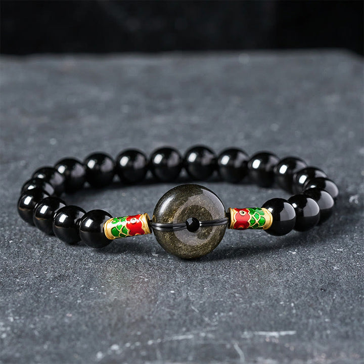 Buddha Stones Friedensschnalle aus goldenem Obsidian, Armband aus schwarzem Obsidian mit Koi-Fisch-Schutzperlen - Schwarzer Obsidian & Goldglänzender Obsidian (Handgelenkumfang: 15–16 cm) - image 0