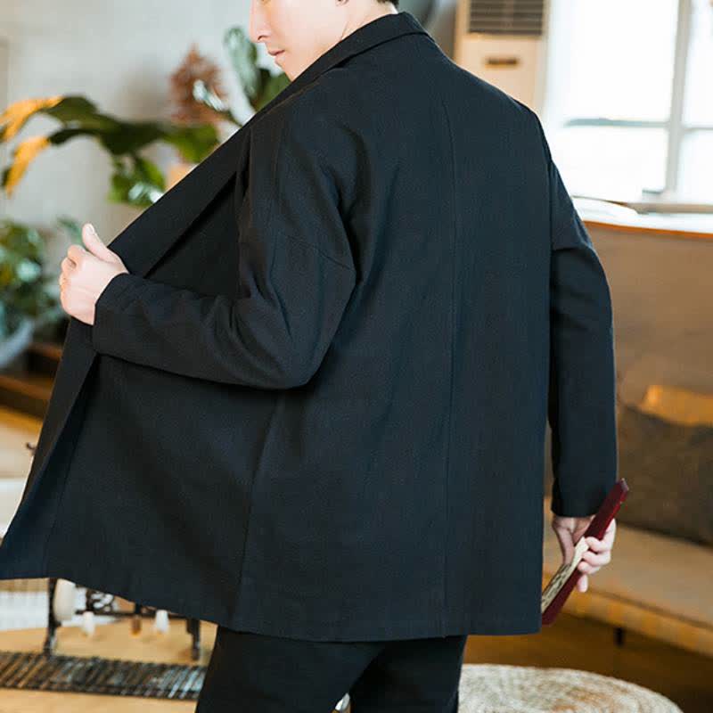 Buddha Stones Herbst/Winter Lässiger Kimono im Tang-Stil aus einfarbiger Baumwolle mit langen Ärmeln für Herren - image 10