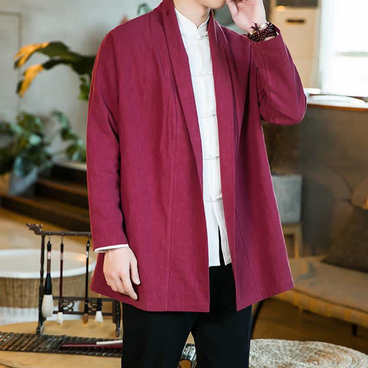 Buddha Stones Herbst/Winter Lässiger Kimono im Tang-Stil aus einfarbiger Baumwolle mit langen Ärmeln für Herren - Feuerfestziegel - US/UK/AU46, EU56 (5XL) - image 17