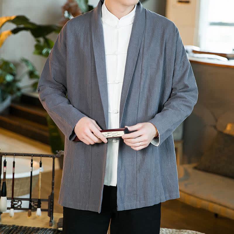 Buddha Stones Herbst/Winter Lässiger Kimono im Tang-Stil aus einfarbiger Baumwolle mit langen Ärmeln für Herren - image 1