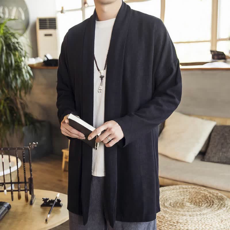 Buddha Stones Herbst/Winter Lässiger minimalistischer einfarbiger Strickkimono mit langen Ärmeln für Herren - image 11