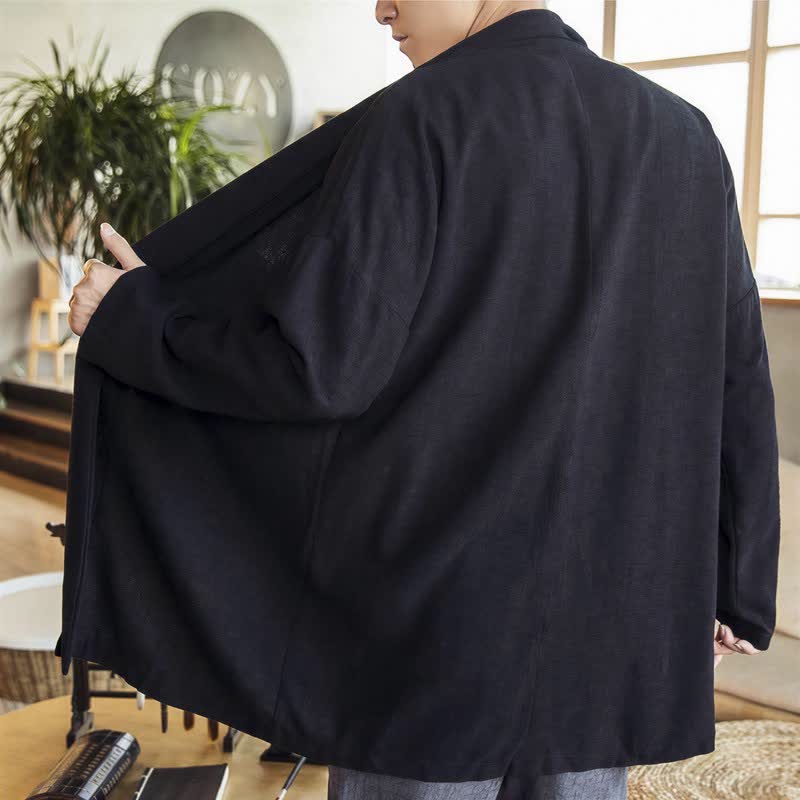 Buddha Stones Herbst/Winter Lässiger minimalistischer einfarbiger Strickkimono mit langen Ärmeln für Herren - image 12