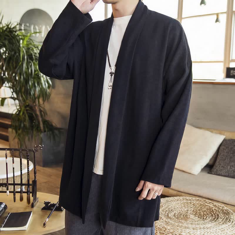 Buddha Stones Herbst/Winter Lässiger minimalistischer einfarbiger Strickkimono mit langen Ärmeln für Herren - Schwarz - US/UK/AU42, EU52 (3XL) - image 10