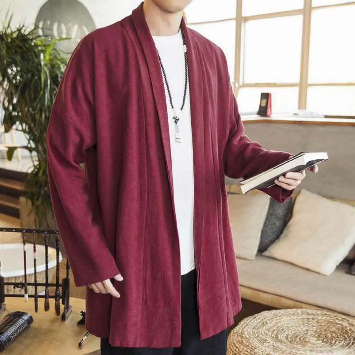 Buddha Stones Herbst/Winter Lässiger minimalistischer einfarbiger Strickkimono mit langen Ärmeln für Herren - image 8