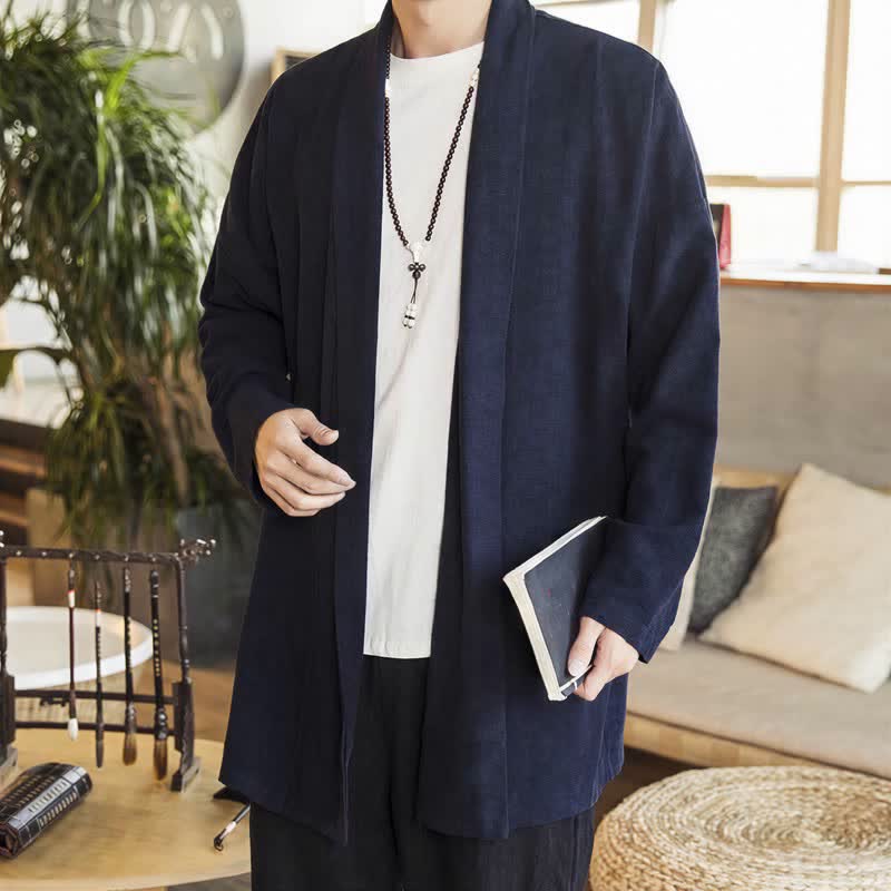 Buddha Stones Herbst/Winter Lässiger minimalistischer einfarbiger Strickkimono mit langen Ärmeln für Herren - Mitternachtsblau - US/UK/AU42, EU52 (3XL) - image 0