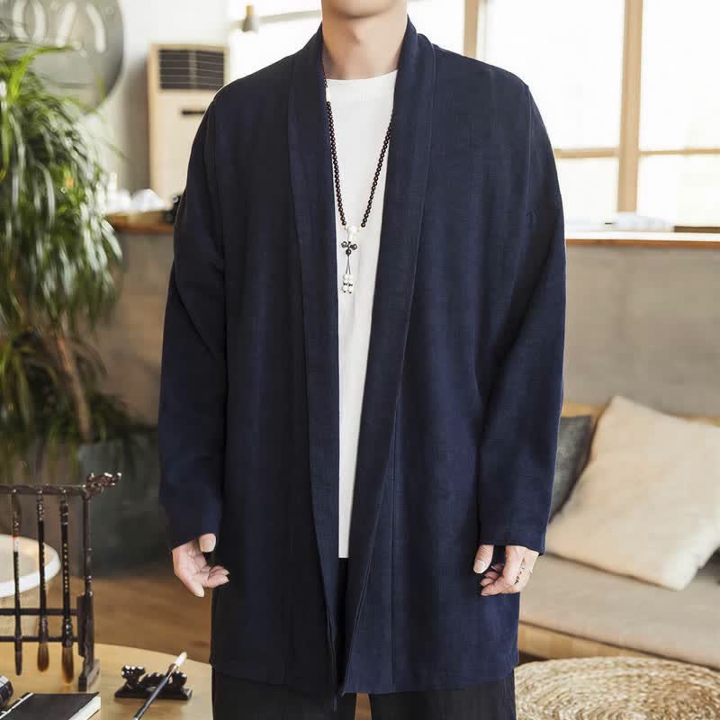 Buddha Stones Herbst/Winter Lässiger minimalistischer einfarbiger Strickkimono mit langen Ärmeln für Herren - image 1