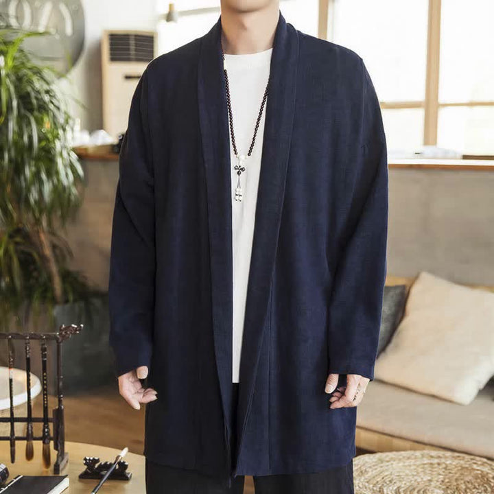 Buddha Stones Herbst/Winter Lässiger minimalistischer einfarbiger Strickkimono mit langen Ärmeln für Herren - image 1