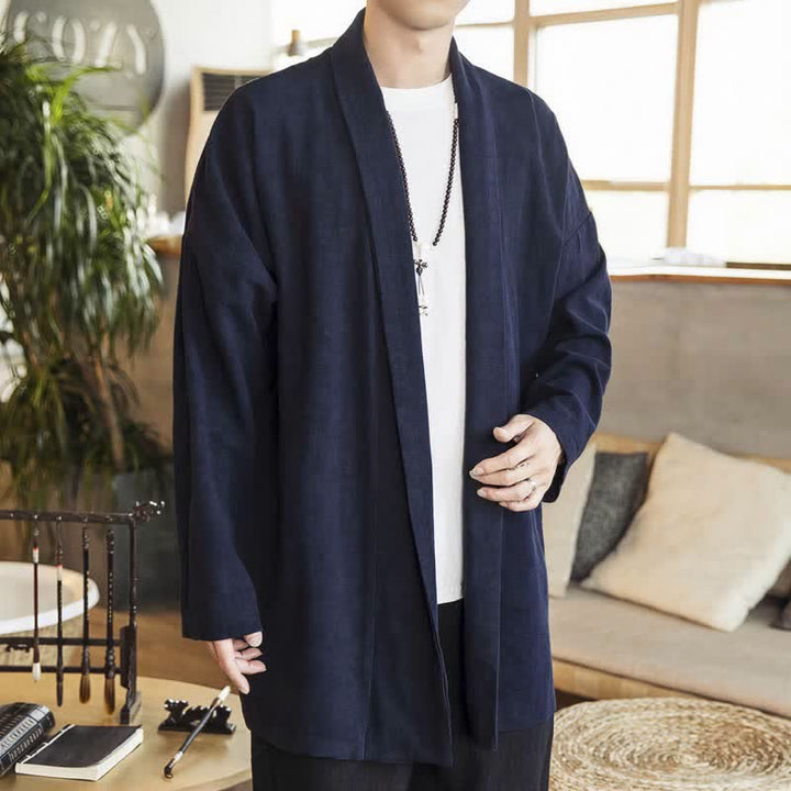 Buddha Stones Herbst/Winter Lässiger minimalistischer einfarbiger Strickkimono mit langen Ärmeln für Herren - image 3
