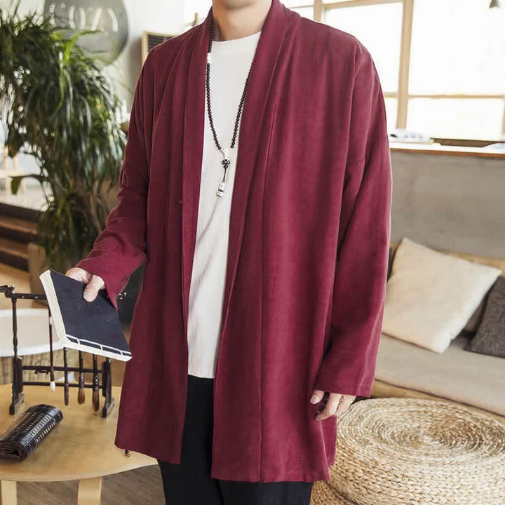 Buddha Stones Herbst/Winter Lässiger minimalistischer einfarbiger Strickkimono mit langen Ärmeln für Herren - image 6