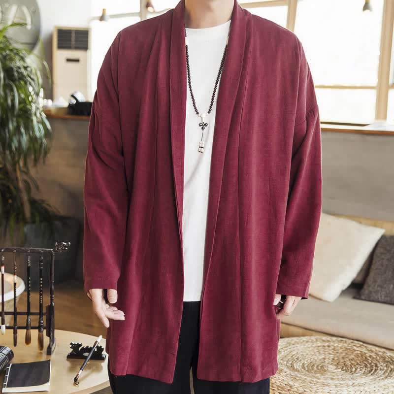 Buddha Stones Herbst/Winter Lässiger minimalistischer einfarbiger Strickkimono mit langen Ärmeln für Herren - Kastanienbraun - US/UK/AU42, EU52 (3XL) - image 5