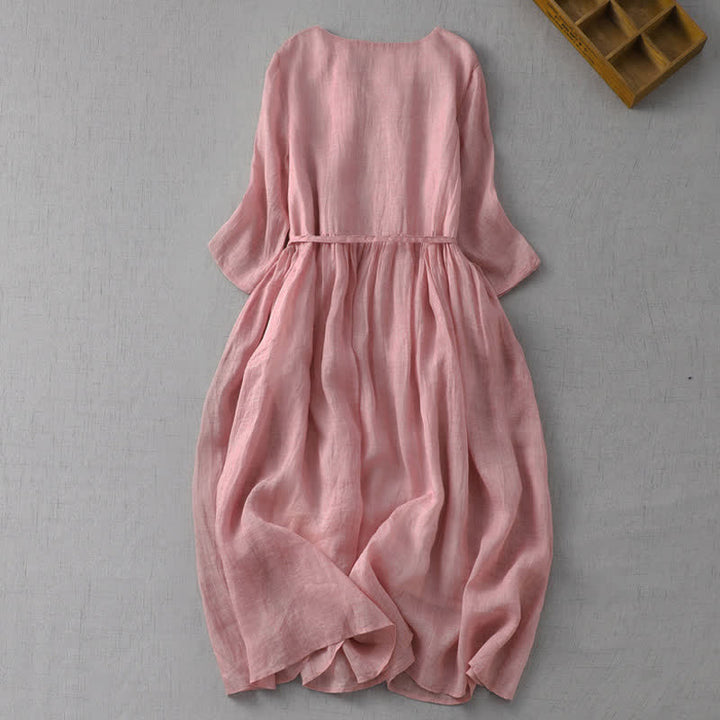 Buddha Stones Lässiges, sommerliches Vintage-Kleid für Damen mit kurzen Ärmeln, Knopfleiste, Kordelzug und Tasche. - image 2