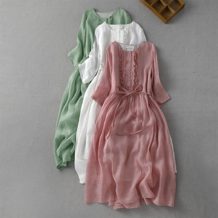 Buddha Stones Lässiges, sommerliches Vintage-Kleid für Damen mit kurzen Ärmeln, Knopfleiste, Kordelzug und Tasche. - image 12