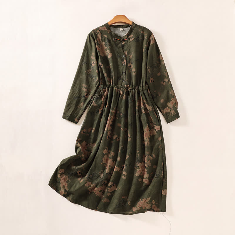 Buddha Stones Elegantes Vintage-Herbstkleid für Damen mit Blumenmuster, langen Ärmeln, Knopfleiste, Taschen und Knopfleiste - Dunkelolivgrün - US12, UK/AU16, EU44 (2XL) - image 0