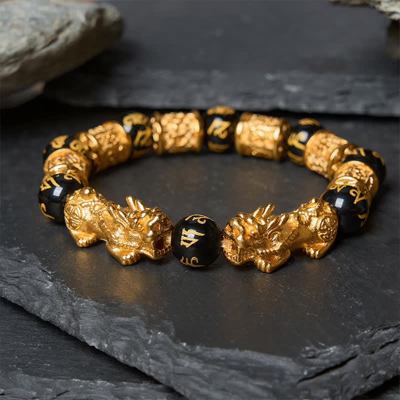 Buddha Stones Schwarzes Gold Pi Xiu Om Mani Padme Hum Reichtums-Rundperlenarmband - Pi Xiu Armband (Handgelenkumfang: 17–18 cm) - image 0
