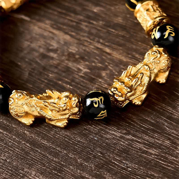 Buddha Stones Schwarzes Gold Pi Xiu Om Mani Padme Hum Reichtums-Rundperlenarmband - image 9