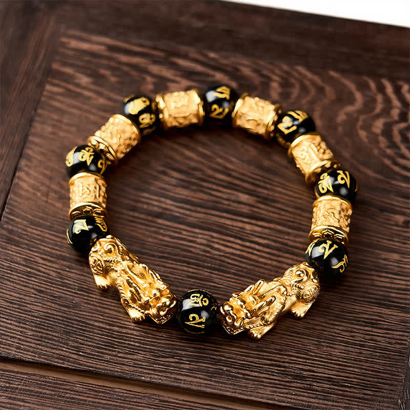 Buddha Stones Schwarzes Gold Pi Xiu Om Mani Padme Hum Reichtums-Rundperlenarmband - image 1