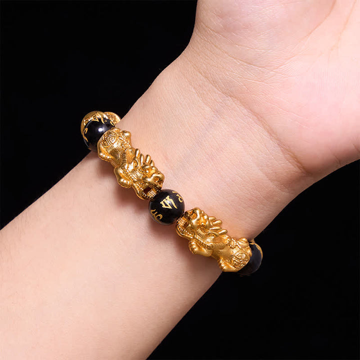 Buddha Stones Schwarzes Gold Pi Xiu Om Mani Padme Hum Reichtums-Rundperlenarmband - image 4
