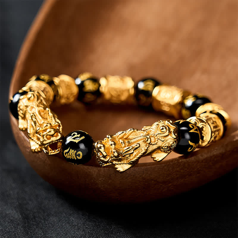 Buddha Stones Schwarzes Gold Pi Xiu Om Mani Padme Hum Reichtums-Rundperlenarmband - image 2