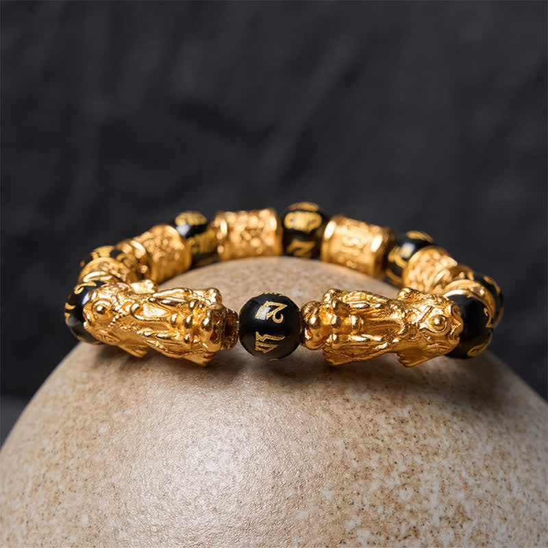 Buddha Stones Schwarzes Gold Pi Xiu Om Mani Padme Hum Reichtums-Rundperlenarmband - image 3