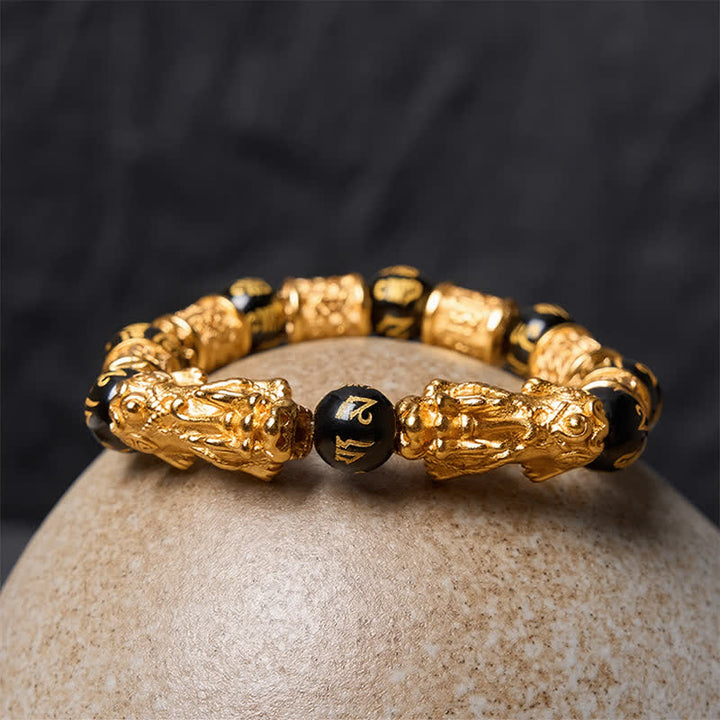 Buddha Stones Schwarzes Gold Pi Xiu Om Mani Padme Hum Reichtums-Rundperlenarmband - image 3