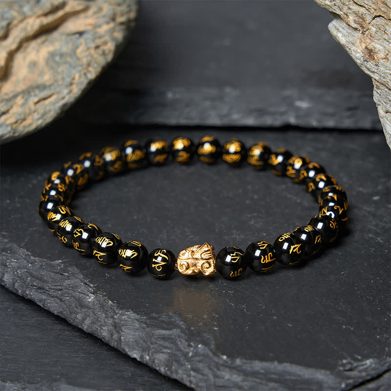 Buddha Stones Schwarzes Onyx Om Mani Padme Hum Perlenlegierung Pi Xiu Stärkearmband - Schwarzer Onyx (Handgelenkumfang: 14–15 cm) - image 0