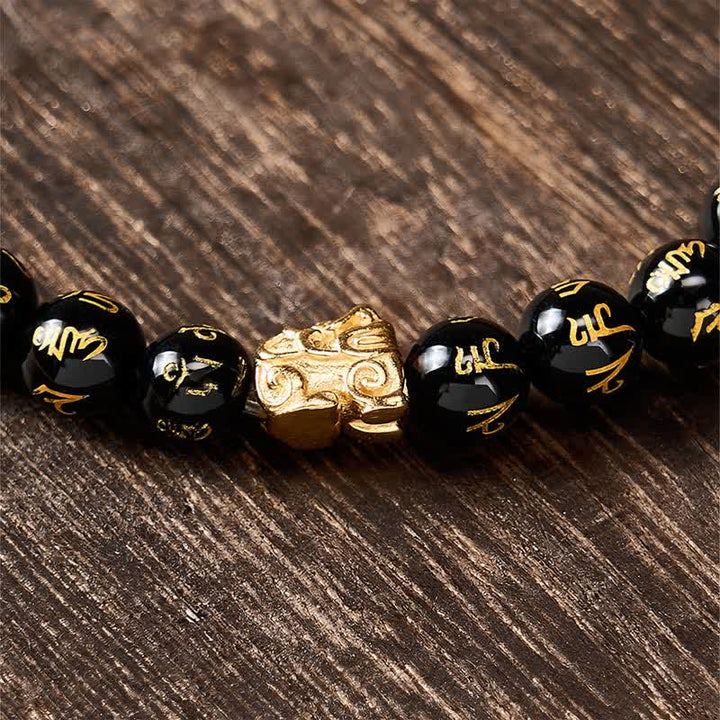 Buddha Stones Schwarzes Onyx Om Mani Padme Hum Perlenlegierung Pi Xiu Stärkearmband - image 10