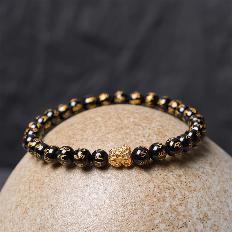 Buddha Stones Schwarzes Onyx Om Mani Padme Hum Perlenlegierung Pi Xiu Stärkearmband - image 2