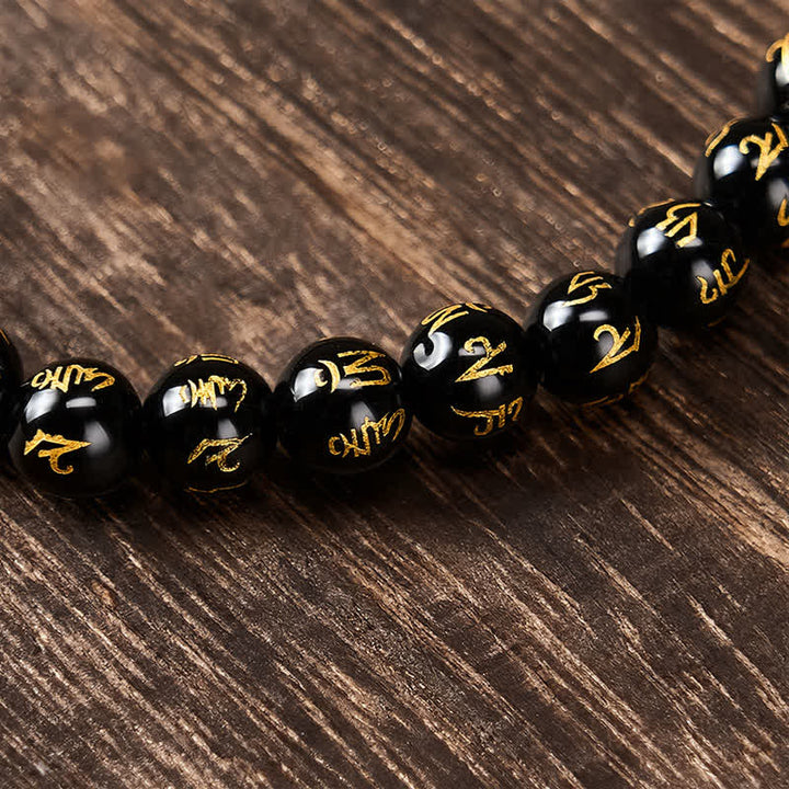 Buddha Stones Schwarzes Onyx Om Mani Padme Hum Perlenlegierung Pi Xiu Stärkearmband - image 11