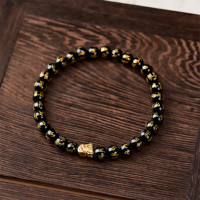 Buddha Stones Schwarzes Onyx Om Mani Padme Hum Perlenlegierung Pi Xiu Stärkearmband - image 1