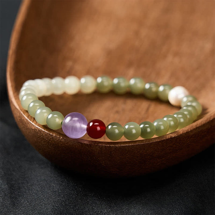 Buddha Stones Armband aus natürlichen Hetian-Jade-Glücksperlen mit Farbverlauf - Hetian-Jade (Handgelenkumfang: 14–15 cm) - image 0