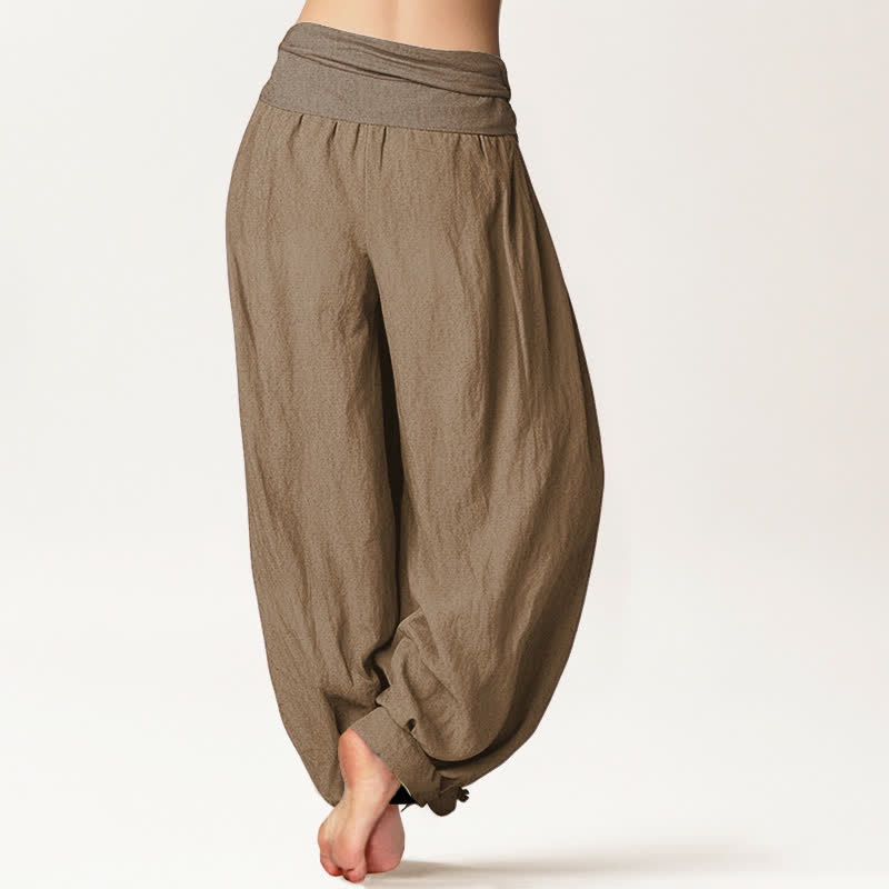 Buddha Stones Damen Haremshose aus reiner Baumwolle, einfarbig, hellbraun, elastische Taille - image 1