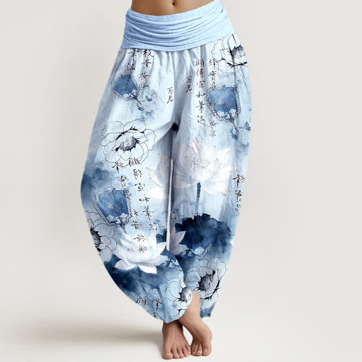 Buddha Stones Damen-Haremshose aus reiner Baumwolle mit Lotusblumen-Fächer-Kalligrafie und elastischem Bund - Hellblau - US16, UK/AU20, EU48 (3XL) - image 5